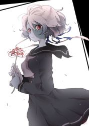 Rule 34 | 1girl, black dress, black sailor collar, blue skin, closed mouth, colored skin, commentary, cowboy shot, dress, flower, flower request, from side, grey neckwear, holding, holding flower, konno junko, light frown, low twintails, noshiro (svnxyg), own hands together, patchwork skin, red eyes, sailor collar, sailor dress, short hair, silver hair, solo, standing, stitched face, stitches, twintails, wind, zombie, zombie land saga