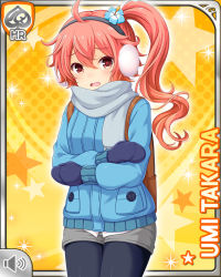 1girl black_leggings blue_jacket card character_name girlfriend_(kari) jacket leggings official_art open_mouth pink_eyes pink_hair qp:flapper scarf shirt shorts side_ponytail solo takara_umi trembling winter_clothes yellow_background