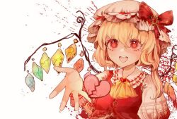 Rule 34 | 1girl, :d, ascot, blonde hair, blood, blood splatter, bow, broken heart, brooch, chinese commentary, commentary, crystal, flandre scarlet, frilled shirt collar, frills, giving, hair between eyes, hat, hat bow, heart, heart brooch, highres, jewelry, kuchuanleikan, long sleeves, looking at viewer, mixed-language commentary, mob cap, one side up, open hand, open mouth, puffy short sleeves, puffy sleeves, red bow, red eyes, red vest, ribbon-trimmed headwear, ribbon trim, shirt, short hair, short sleeves, simple background, smile, solo, teeth, touhou, upper body, vest, white background, white hat, white shirt, wings, wrist cuffs, yellow ascot