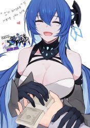 Rule 34 | 1boy, 1girl, april fools, azur lane, banknote, bare shoulders, black gloves, blue hair, breasts, cleavage, closed eyes, collarbone, commander (azur lane), commentary request, dress, elbow gloves, english text, gloves, hair between eyes, headgear, heart, helena (meta) (azur lane), highres, holding, holding another&#039;s wrist, holding money, large breasts, long hair, marshall k, money, open mouth, searchlight, sidelocks, sleeveless, sleeveless dress, smile, solo focus, standing, sweat, upper body, white background, white dress