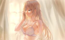 Rule 34 | 1girl, absurdres, akai (pixiv 41210247), bare shoulders, blonde hair, blue eyes, bra, breasts, cleavage, collarbone, flower, from side, hair flower, hair ornament, hand in own hair, hand up, highres, indoors, long hair, looking ahead, medium breasts, messy hair, nose, open clothes, open shirt, original, parted lips, solo, underwear, upper body, waking up, window