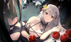Rule 34 | 1girl, absurdres, apple, arknights, bare shoulders, barefoot, bikini, black bikini, breasts, collar, collarbone, eyebrows hidden by hair, flower, food, fruit, hair flower, hair ornament, highres, holding, holding food, holding fruit, horns, jewelry, large breasts, long hair, looking at viewer, lying, material growth, mudrock (arknights), mudrock (silent night) (arknights), necklace, official alternate costume, on side, oripathy lesion (arknights), parted lips, red eyes, shirataki jiro, silver hair, solo, swimsuit, very long hair, yellow flower