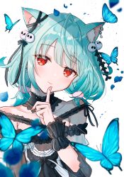 Rule 34 | 1girl, ahoge, animal ears, black choker, black dress, bow, bug, butterfly, cat ears, cat girl, choker, closed mouth, detached collar, dress, ear piercing, ear ribbon, finger to mouth, flat chest, frilled dress, frilled straps, frills, gothic lolita, green hair, hair ornament, highres, hololive, insect, lace, lace choker, light blush, lolita fashion, looking at viewer, low twintails, minausa, nail polish, off-shoulder dress, off shoulder, petals, piercing, pink nails, pom pom (clothes), see-through, see-through sleeves, short hair, short sleeves, short twintails, simple background, skull hair ornament, solo, twintails, upper body, uruha rushia, uruha rushia (3rd costume), virtual youtuber, white background, wristband