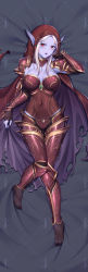 Rule 34 | armor, armored boots, boots, cape, colored skin, elf, fantasy, gauntlets, glowing, glowing eyes, highres, hood, long eyebrows, long hair, long pointy ears, pauldrons, pointy ears, purple armor, purple skin, red eyes, sannio, shoulder armor, sylvanas windrunner, undead, warcraft, world of warcraft