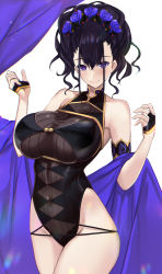 Rule 34 | 1girl, bare shoulders, black gloves, black one-piece swimsuit, blush, breasts, closed mouth, covered navel, fate/grand order, fate (series), fingerless gloves, gloves, gold trim, hair ornament, hair up, half gloves, highleg, highleg swimsuit, highres, large breasts, long hair, looking at viewer, murasaki shikibu (fate), murasaki shikibu (swimsuit rider) (fate), murasaki shikibu (swimsuit rider) (first ascension) (fate), one-piece swimsuit, purple eyes, purple hair, shawl, simple background, smile, swimsuit, thighs, untue, white background