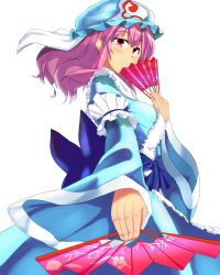Rule 34 | 1girl, breasts, female focus, hand fan, hat, highres, japanese clothes, karaage (ta-na), large breasts, looking at viewer, pink eyes, pink hair, saigyouji yuyuko, short hair, simple background, smile, solo, touhou, triangular headpiece