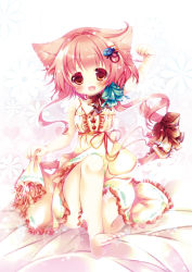 Rule 34 | 1girl, :3, :d, animal ears, barefoot, bed sheet, cat ears, cat tail, choker, dress, feet, hair ornament, hikanyan, long hair, looking at viewer, open mouth, original, paw pose, pink eyes, pink hair, ribbon choker, sitting, smile, soles, solo, sparkle, tail, toes, yellow dress
