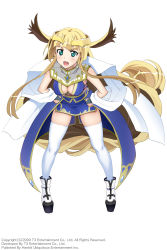Rule 34 | 1girl, absurdly long hair, angry, arksign, blonde hair, blue eyes, breasts, bridal gauntlets, cleavage, fang, full body, hands on own hips, highres, kimura shigetaka, leaning forward, long hair, obi, official art, open mouth, platform footwear, sash, shawl, simple background, skindentation, solo, thighhighs, tiara, very long hair, white thighhighs, yui (arksign)