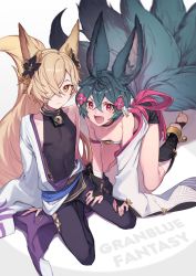 Rule 34 | 1boy, 1girl, all fours, animal ears, backless outfit, bare shoulders, black hair, black nails, blonde hair, breasts, brown eyes, collar, erune, fang, feb itk, fox boy, fox ears, fox girl, fox tail, granblue fantasy, hair between eyes, hair ornament, hair over one eye, kou (granblue fantasy), large tail, long hair, looking at viewer, multiple tails, nail polish, off shoulder, open mouth, red eyes, short hair, simple background, sitting, small breasts, tail, white background, you (granblue fantasy)