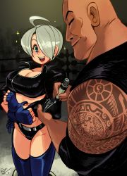 Rule 34 | 1boy, 1girl, alex ahad, angel (kof), bald, blue eyes, breasts, chaps, cleavage, cropped jacket, crossover, dark-skinned male, dark skin, fingerless gloves, gloves, hair over one eye, highres, large breasts, marker, one eye covered, real life, short hair, signature, snk, tattoo, the king of fighters, the king of fighters all-stars, the rock (dwayne johnson), tribal tattoo, white hair, wwe