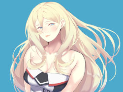 Rule 34 | 1girl, blonde hair, blue background, blue eyes, blush, breasts, cleavage, closed mouth, dress, hair between eyes, highres, kantai collection, large breasts, lips, long hair, mole, mole under eye, mole under mouth, richelieu (kancolle), shingyou (alexander-13), simple background, sleeveless, sleeveless dress, solo