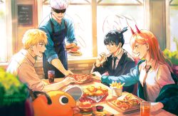 Rule 34 | 1girl, 3boys, absurdres, apron, black hair, black jacket, black necktie, blonde hair, blue eyes, blue jacket, blue shirt, breasts, burger, bush, chainsaw man, chewing, chicken (food), collared shirt, denji (chainsaw man), earrings, food, formal, french fries, gojou satoru, happy, hayakawa aki, highres, holding, holding food, holding pizza, holding plate, horns, jacket, jacket partially removed, jewelry, jujutsu kaisen, ketchup, long hair, makima (chainsaw man), medium hair, menu, multiple boys, necktie, onion rings, open mouth, orange hair, pizza, plate, pochita (chainsaw man), power (chainsaw man), red horns, restaurant, serving, sharp teeth, shawarma, shirt, short hair, sleeves rolled up, small breasts, spiked hair, stud earrings, suit, table, teeth, tongue, tongue out, topknot, white hair, white shirt, window, yellow eyes, yulicechan