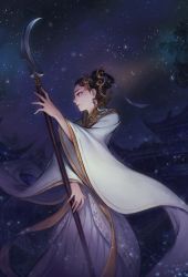Rule 34 | 1girl, black hair, character request, chinese clothes, commentary, copyright request, dress, earrings, glaive (polearm), guan dao, hair bun, hair ornament, high collar, highres, holding, holding polearm, holding weapon, jewelry, long dress, morry, night, night sky, polearm, short hair, single hair bun, sky, solo, star (sky), starry sky, symbol-only commentary, updo, weapon, wide sleeves