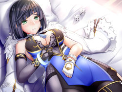 Rule 34 | 1girl, asymmetrical gloves, bed sheet, black hair, blue eyes, blunt bangs, bracelet, breasts, chinese clothes, cleavage, clothes pull, coat, coat on shoulders, commentary request, dice, fur-trimmed coat, fur trim, genshin impact, gloves, highres, jewelry, large breasts, long sleeves, looking at viewer, lying, mismatched gloves, nyabe, on back, parted bangs, parted lips, pillow, short hair, sidelocks, sleeveless, smile, solo, sweat, yelan (genshin impact)
