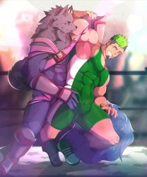 Rule 34 | 2boys, absurdres, animal ears, bara, black hair, bulge, character request, covered abs, covered erect nipples, crow (siranui), facial hair, full body, furry, furry male, furry with non-furry, goatee, green hair, highres, horns, ikusaba daisuke, interspecies, large pectorals, male focus, multicolored hair, multiple boys, muscular, muscular male, pectoral cleavage, pectorals, sexually suggestive, short hair, sideburns, sidepec, tail, taurus mask, thick thighs, thighs, tokyo houkago summoners, two-tone hair, wolf boy, wolf ears, wolf tail, wrestling outfit, wrestling ring, yaoi