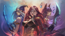 Rule 34 | 3girls, ahri (league of legends), ashe (league of legends), bare shoulders, black hair, blade, blue eyes, bow (weapon), breasts, cleavage, gloves, katarina (league of legends), league of legends, lips, long hair, looking at viewer, medium breasts, midriff, multiple girls, navel, red eyes, red hair, scar, sideboob, since, tattoo, weapon, white hair, yellow eyes