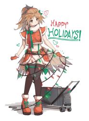 Rule 34 | 1girl, :o, absurdres, arknights, belt, black belt, blush, boots, christmas, christmas lights, crop top, feather hair, full body, fur-trimmed boots, fur-trimmed gloves, fur-trimmed shirt, fur-trimmed skirt, fur trim, generator, gloves, green ribbon, happy holidays, highres, long hair, open mouth, orange eyes, orange footwear, panties, pinecone (arknights), ponytail, red gloves, red shirt, red skirt, ribbon, santa costume, shirt, simple background, skindentation, skirt, solo, standing, thigh strap, thighhighs, togekk0, underwear, white background, white panties