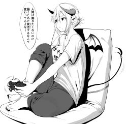 Rule 34 | 1girl, :o, absurdres, amano don, bad id, bad twitter id, barefoot, bored, breast press, breasts, collarbone, controller, demon girl, demon horns, demon wings, feet, full body, game console, game controller, greyscale, hair between eyes, highres, holding, horns, knee up, large breasts, mole, mole under mouth, monochrome, nail polish, neet, original, pajamas, parted lips, playstation 4, playstation controller, pointy ears, shirt, sidelocks, simple background, sitting, solo, speech bubble, t-shirt, toenail polish, toenails, toes, translation request, wings