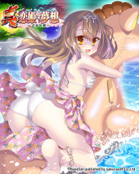 Rule 34 | 1girl, ass, barefoot, bikini, bikuto ryuu, breast press, breasts, brown eyes, brown hair, character request, feet, floral print, from behind, highres, inflatable toy, koihime musou, long hair, looking back, lu meng, hugging object, open mouth, pink sarong, pool, print sarong, ribbon, sarong, sideboob, smile, soles, solo, swimsuit, thighs, toes, water, white bikini