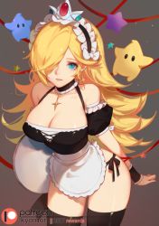 Rule 34 | 1girl, apron, bad anatomy, bare shoulders, blonde hair, blue eyes, blush, breasts, cleavage, cowboy shot, crown, earrings, hair over one eye, jewelry, large breasts, long hair, looking at viewer, luma (mario), maid, mario (series), nintendo, rosalina, simple background, smile, solo, songjikyo, standing, star (symbol), super mario galaxy, thighhighs