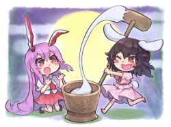 Rule 34 | 2girls, :o, ;d, absurdly long hair, animal ears, barefoot, black footwear, black hair, blush stickers, border, chibi, commentary request, dress, food, full moon, hair between eyes, hands up, holding, inaba tewi, kine, long hair, mallet, miniskirt, mochi, mochitsuki, moon, multiple girls, necktie, night, night sky, one eye closed, open mouth, outdoors, pink dress, pink skirt, puffy short sleeves, puffy sleeves, purple hair, rabbit ears, rabbit girl, rabbit tail, red eyes, red neckwear, reisen udongein inaba, shirt, shoes, short hair, short sleeves, skirt, sky, smile, socks, syuri22, tail, touhou, v-shaped eyebrows, very long hair, white border, white legwear, white shirt