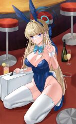 Rule 34 | 1girl, absurdres, alternate breast size, animal ears, bare shoulders, blonde hair, blue archive, blue bow, blue eyes, blue hairband, blue leotard, bottle, bow, bowtie, braid, breasts, briefcase, cleavage, closed mouth, covered navel, cup, curvy, detached collar, drinking glass, drinking straw, ear piercing, earpiece, fake animal ears, food, fruit, full body, hairband, hand up, high heels, highleg, highleg leotard, highres, large breasts, leotard, lime (fruit), lime slice, long hair, microphone, nyanbutter, official alternate costume, official alternate hairstyle, piercing, playboy bunny, rabbit ears, rabbit tail, solo, spill, stool, tail, thighs, toki (blue archive), toki (bunny) (blue archive), tray, v, very long hair, white wrist cuffs, wrist cuffs