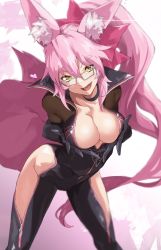 Rule 34 | 1girl, absurdres, animal ear fluff, animal ears, black bodysuit, blush, bodysuit, bow, breasts, center opening, cleavage, collarbone, fate/grand order, fate (series), fox ears, fox girl, fox tail, glasses, hair between eyes, hair bow, highres, hip vent, koyanskaya (assassin) (first ascension) (fate), koyanskaya (fate), large breasts, long hair, looking at viewer, pink bow, pink hair, ponytail, pretty-purin720, sidelocks, smile, solo, tail, tamamo (fate), thighs, yellow eyes