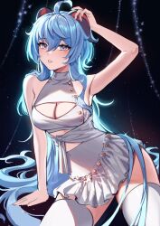 Rule 34 | 1girl, ahoge, arm support, bare shoulders, blue hair, blush, breasts, cleavage, cleavage cutout, clothing cutout, ganyu (genshin impact), genshin impact, halterneck, helloimtea, horn grab, horns, long hair, looking at viewer, medium breasts, parted lips, purple eyes, sidelocks, sitting, skirt, solo, thighhighs, unfinished, white skirt, white thighhighs