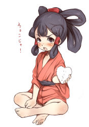Rule 34 | 1girl, barefoot, black eyes, black hair, blush, child, e10, food, hair rings, holding, holding food, indian style, japanese clothes, kimono, looking at viewer, open mouth, red kimono, rice, sakuna-hime, short hair, simple background, sitting, soles, solo, tensui no sakuna-hime, translation request, white background