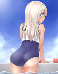 Rule 34 | 10s, 1girl, arm support, ass, back, blue eyes, cloud, cowboy shot, crop top, day, eyebrows, highres, kantai collection, lifebuoy, long hair, neit ni sei, one-piece tan, open mouth, partially submerged, ro-500 (kancolle), sailor collar, school swimsuit, sky, sleeveless, solo, sweatdrop, swim ring, swimsuit, swimsuit under clothes, tan, tanline, thigh gap, wading, water, wet