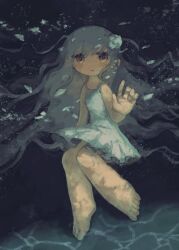 Rule 34 | 1girl, air bubble, arm at side, bare legs, bare shoulders, barefoot, brown eyes, bubble, caustics, commentary, commentary request, dress, floating hair, grey hair, hand up, highres, kezuru, long hair, looking at viewer, no nose, no sclera, original, parted lips, solo, sundress, toes, underwater, very long hair, white dress