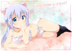 Rule 34 | 1girl, :o, animal ears, aosora neko, arm rest, artist name, bad id, bad pixiv id, bed sheet, bell, black thighhighs, blue eyes, blue hair, blush, bra, breasts, cat cutout, cat ear panties, cat ears, cat lingerie, character name, choker, cleavage, cleavage cutout, clothing cutout, collarbone, commentary request, dated, english text, flower, frilled bra, frills, full body, gochuumon wa usagi desu ka?, groin, hair between eyes, hair ornament, hairclip, hand on own chin, jingle bell, kafuu chino, kemonomimi mode, light blue hair, long hair, looking at viewer, lying, meme attire, multicolored background, navel, neck bell, on side, panties, parody, parted lips, side-tie panties, sidelocks, signature, small breasts, solo, striped, thighhighs, title parody, underwear, underwear only, vertical stripes, white bra, white choker, white panties, x hair ornament