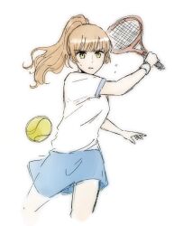 Rule 34 | 1girl, armband, ball, brown hair, commentary request, green eyes, hand up, highres, holding, holding racket, long hair, nyamo, parted lips, partial commentary, ponytail, racket, saeki sayaka, short sleeves, simple background, solo, tennis ball, tennis racket, white background, yagate kimi ni naru