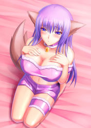 Rule 34 | 00s, 1girl, :&lt;, animal ears, arm garter, bandeau, bare shoulders, barefoot, bed sheet, blue eyes, blush, breast suppress, breasts, choker, cleavage, collarbone, fujiwara zakuro, fur trim, jewelry, kneeling, large breasts, bridal garter, long hair, looking at viewer, magical girl, mew zakuro, midriff, navel, on bed, pendant, purple eyes, purple hair, seiza, short shorts, shorts, sitting, snappop, solo, strapless, tail, taut clothes, thigh strap, tokyo mew mew, tube top, wolf ears, wolf tail