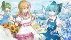 3girls ascot blonde_hair blue_bow blue_dress blue_eyes blue_hair bow chinese_commentary cirno closed_mouth cloud collared_shirt commentary_request daiyousei day detached_wings dress fairy_wings flower flower_request green_eyes green_hair hair_bow ice ice_flower ice_wings keisenko long_hair multiple_girls neck_ribbon open_mouth orange_flower original outdoors pinafore_dress pink_bow puffy_short_sleeves puffy_sleeves red_eyes red_ribbon rhachen ribbon shirt short_sleeves side_ponytail sleeveless sleeveless_dress smile sunflower thighhighs touhou water white_dress white_shirt white_thighhighs wings yellow_ascot yellow_bow yellow_flower