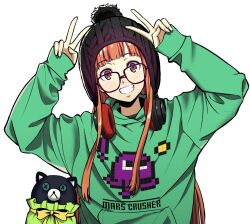 Rule 34 | 1girl, beanie, black hat, button eyes, buttons, commentary request, double v, glasses, hat, headphones, headphones around neck, highres, hood, hoodie, ito (daisukidanchi), long hair, looking at viewer, morgana (persona 5), orange hair, persona, persona 5, purple hat, sakura futaba, simple background, smile, solo, v, white background