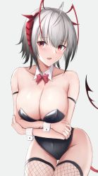 Rule 34 | 1girl, absurdres, antenna hair, arknights, arm strap, arms under breasts, black leotard, blush, breasts, collarbone, crossed arms, demon tail, detached collar, fang, fishnet legwear, fishnets, grey hair, groin, hair ornament, highres, large breasts, leaning forward, leotard, looking at viewer, nankaichimu, open mouth, red eyes, revision, short hair, shy, solo, tail, w (arknights), wrist cuffs