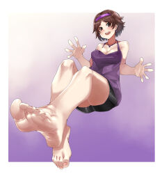 Rule 34 | 1girl, :d, bare arms, bare legs, barefoot, black shorts, breasts, brown eyes, brown hair, camisole, commission, earrings, eiji (eiji), feet, foot focus, full body, greek toe, hairband, highres, invisible chair, jewelry, legs, looking at viewer, medium breasts, necklace, open hands, open mouth, original, parted bangs, pixiv commission, purple camisole, purple hairband, short hair, shorts, sitting, smile, soles, solo, steaming body, teeth, thighs, toenails, toes, upper teeth only
