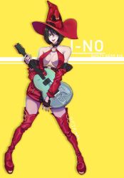 Rule 34 | 1girl, black hair, boots, breasts, cleavage, dress, gloves, guilty gear, guilty gear xrd, hat, highres, i-no, ktrieko, large breasts, looking at viewer, o-ring, red dress, red headwear, short dress, short hair, straight hair, thigh boots, thighhighs, very short hair, witch hat, zettai ryouiki