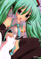 Rule 34 | 1girl, :d, aqua eyes, aqua hair, artist name, bare shoulders, cat, detached sleeves, hatsune miku, headset, long hair, necktie, open mouth, peloli, sample watermark, sitting, skirt, smile, solo, thighhighs, twintails, vocaloid, watermark