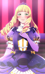 Rule 34 | 1girl, blonde hair, blush, collarbone, commentary request, crown, dress, drill hair, gloves, green eyes, hand on own chest, heanna sumire, highres, long hair, looking at viewer, love live!, love live! superstar!!, nonfiction!! (love live!), purple dress, purple gloves, solo, tears, upper body, vorupi