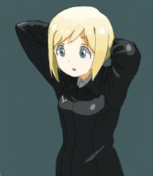 Rule 34 | 1girl, :o, arms behind head, bad id, bad pixiv id, blonde hair, blue background, blue eyes, bob cut, erica hartmann, long sleeves, military, military uniform, open mouth, shiratama (hockey), short hair, simple background, solo, strike witches, uniform, world witches series
