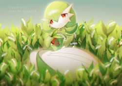Rule 34 | 1girl, blue sky, blurry, blurry foreground, bob cut, closed mouth, colored skin, creatures (company), dated, day, female focus, flat chest, flower, french text, full body, game freak, gardevoir, gen 3 pokemon, gradient sky, green hair, green skin, hair between eyes, half-closed eyes, hand up, happy, holding, holding flower, lily of the valley, looking to the side, lotosu, multicolored skin, nintendo, outdoors, pokemon, pokemon (creature), red eyes, short hair, sitting, sky, smile, solo, translated, two-tone skin, white flower, white skin