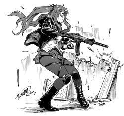 Rule 34 | 1girl, assault rifle, boots, closed mouth, fingerless gloves, floating hair, girls&#039; frontline, gloves, greyscale, gun, h&amp;k ump, h&amp;k ump, hair ornament, hairclip, high heel boots, high heels, holding, holding gun, holding weapon, jacket, miniskirt, monochrome, open clothes, open jacket, pantyhose, pigeon-toed, pleated skirt, rifle, shirt, signature, skirt, solo, standing, tachibana roku, twintails, ump9 (girls&#039; frontline), weapon