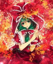 Rule 34 | 1girl, blurry, capelet, depth of field, dress, frills, front ponytail, green eyes, green hair, hair ribbon, highres, kagiyama hina, lace, own hands together, red dress, ribbon, ringocha, solo, star-shaped pupils, star (symbol), symbol-shaped pupils, touhou