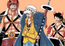 Rule 34 | 3boys, abs, alternate costume, attack, beast pirates, beast pirates uniform, clenched hands, disguise, eustass kid, grin, hat, highres, holding, holding sword, holding weapon, jacket, jacket on shoulders, looking at another, mechanical arms, monkey d. luffy, multiple boys, muscular, muscular male, oda eiichirou (style), official alternate costume, official style, one piece, pectorals, riku (rikuw223xx), scar, scar on chest, serious, sheath, sheathed, single mechanical arm, smile, straw hat, sword, teamwork, teeth, trafalgar law, weapon