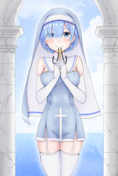 Rule 34 | 1girl, alternate costume, bare shoulders, blue dress, blue eyes, blue hair, blush, breasts, commentary request, cross, cross earrings, cross necklace, cross print, dress, earrings, elbow gloves, eyes visible through hair, gloves, hair ornament, hair over one eye, highres, holding, jewelry, large breasts, looking at viewer, necklace, nun, re:zero kara hajimeru isekai seikatsu, rem (re:zero), short hair, smile, solo, thighhighs, warachia, white gloves, white thighhighs, x hair ornament