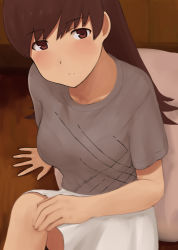 Rule 34 | 10s, 1girl, alternate costume, brown eyes, brown hair, casual, expressionless, from above, fuyube gin (huyube), grey shirt, kantai collection, long hair, official style, ooi (kancolle), shirt, short sleeves, skirt, solo, white skirt