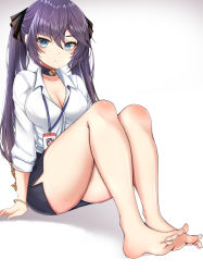 Rule 34 | 1girl, absurdres, bare legs, barefoot, black skirt, blouse, blue eyes, bracelet, breasts, choker, cleavage, closed mouth, collarbone, collared shirt, commentary request, contemporary, expressionless, feet, genshin impact, gradient background, hair between eyes, hair ribbon, highres, jewelry, long sleeves, looking at viewer, medium breasts, miniskirt, mona (genshin impact), nahanmin, nail polish, name tag, no shoes, office lady, pencil skirt, purple hair, ribbon, shirt, sidelocks, simple background, sitting, skirt, soles, solo, spread toes, thighs, toenail polish, toenails, toes, twintails, white shirt