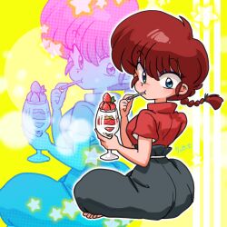 Rule 34 | 1girl, ass, barefoot, blue eyes, braid, chinese clothes, eating, food, fruit, genderswap, genderswap (mtf), indian style, looking at viewer, ranma-chan, ranma 1/2, red hair, saotome ranma, single braid, sitting, solo, strawberry, tagme, tangzhuang, wanta (futoshi)
